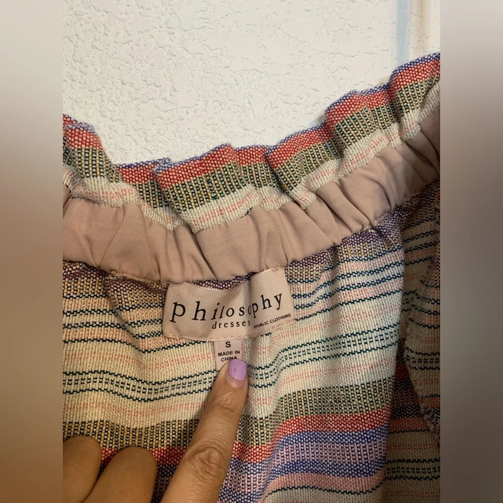 Philosophy Women Sz Small Boho Dress Ivory Colorful Stripe Cotton Off Shoulder - Picture 6 of 10